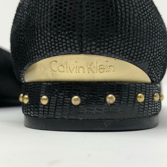 Calvin Klein Fridelle Black Embossed Flats Women’s Size 6 Gold Studded Heel Logo - Picture 9 of 10